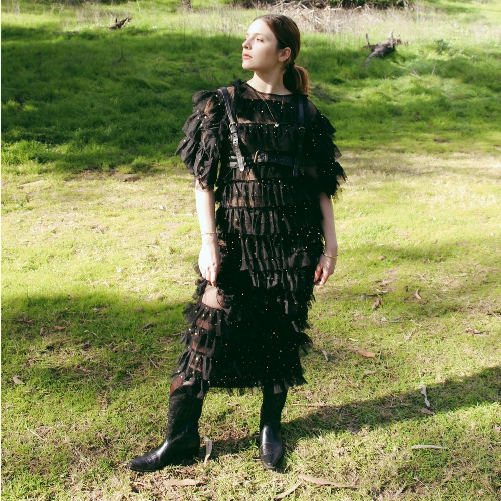 Black tuelle maxi dress - ruffles and gold stars handmade size small